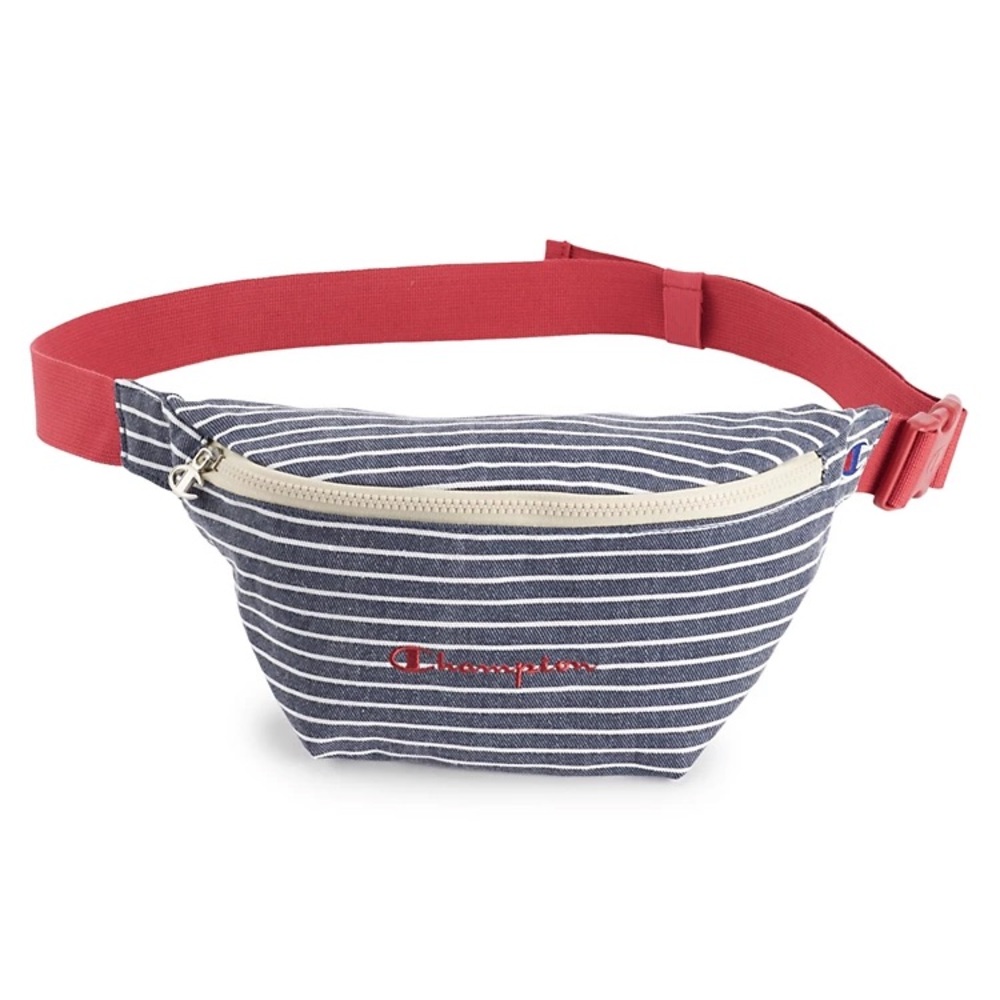 Champion Sun Bleached Blue & White Striped Fanny Pack with Red Strap